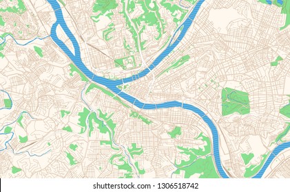 Pittsburgh Pennsylvania printable map excerpt. This vector streetmap of downtown Pittsburgh is made for infographic and print projects.