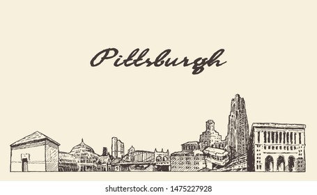 Pittsburgh skyline, Pennsylvania, USA, hand drawn vector illustration, sketch