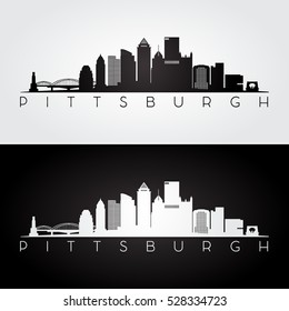 Pittsburgh USA skyline and landmarks silhouette, black and white design, vector illustration.