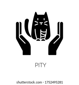 Pity black glyph icon. Sympathy towards suffering animal. Moral emotion. Empathetic feeling. Kindness, compassion. Psychological state. Silhouette symbol on white space. Vector isolated illustration