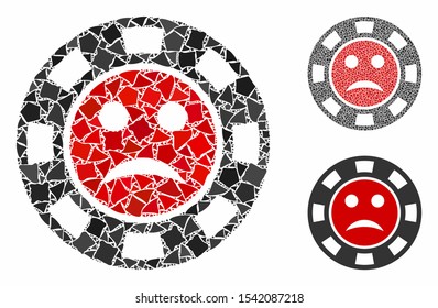 Pity casino chip composition of rugged elements in different sizes and color tinges, based on pity casino chip icon. Vector raggy elements are organized into collage.