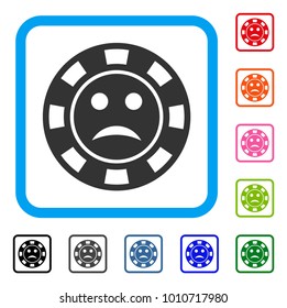 Pity Casino Chip icon. Flat gray pictogram symbol inside a blue rounded rectangular frame. Black, gray, green, blue, red, pink color additional versions of pity casino chip vector.