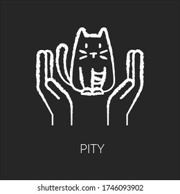 Pity chalk white icon on black background. Sympathy towards suffering animal. Empathetic feeling. Kindness and compassion. Emotional intelligence. Isolated vector chalkboard illustration