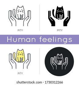 Pity icon. Sympathy towards suffering animal. Moral emotion. Empathetic feeling. Kindness and compassion. Emotional intelligence. Linear black and RGB color styles. Isolated vector illustrations