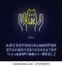 Pity neon light icon. Sympathy towards suffering animal. Moral emotion. Empathetic feeling. Outer glowing effect. Sign with alphabet, numbers and symbols. Vector isolated RGB color illustration