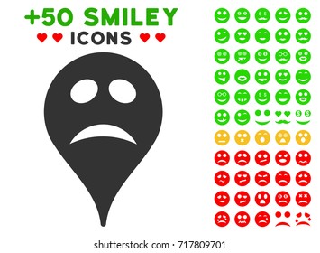 Pity Smiley Map Marker icon with bonus smile symbols. Vector illustration style is flat iconic elements for web design, app user interfaces.