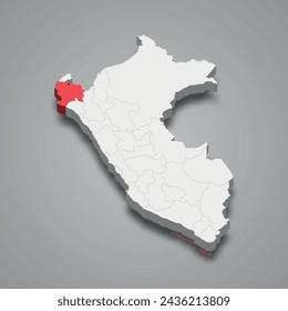 Piura department highlighted in red on a grey Peru 3d map