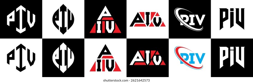 PIV letter logo design in six style. PIV polygon, circle, triangle, hexagon, flat and simple style with black and white color variation letter logo set in one artboard. PIV minimalist and classic logo