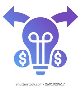 Ícone de gradiente do glifo financeiro da tabela dinâmica - Símbolo de direção da lâmpada econômica com setas e conceito de dólar