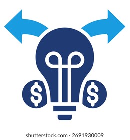 Pivot Strategy Glyph Blue Icon – Lightbulb Money Arrows Symbol for Business Direction and Change