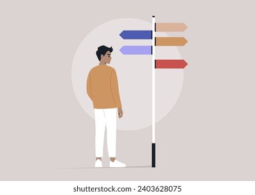 A pivotal moment for a character standing before a signpost adorned with multiple directional arrows, symbolizing various life paths, signifying a decision with profound implications