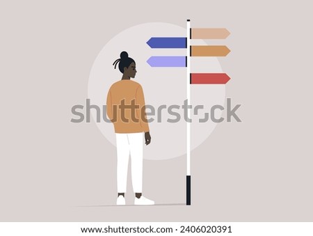 A pivotal moment for a character standing before a signpost adorned with multiple directional arrows, symbolizing various life paths, signifying a decision with profound implications