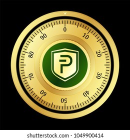 PIVX (PIVX) cryptocurrency safe lock. Eps10 vector illustration isolated on black background.