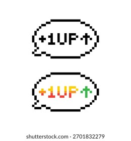 Icono de píxel 1 arriba. Vector pixel art level up 8 bit logo para el juego