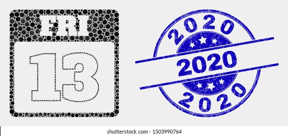 Pixel 13th Friday calendar page mosaic pictogram and 2020 seal stamp. Blue vector round scratched stamp with 2020 message. Vector collage in flat style.