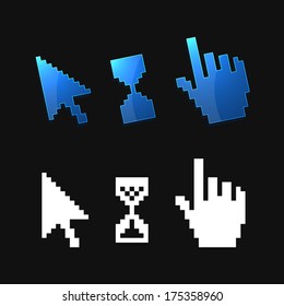 Pixel 3d cursors icons. Hand, Arrow, Hourglass