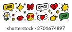 Pixel 3d isometric icon and sticker set. 8 bit retro game style. Y2k trendy vector illustration of heart cursor hand flower speech bubble character sparkle star etc. Social media and chat elements.