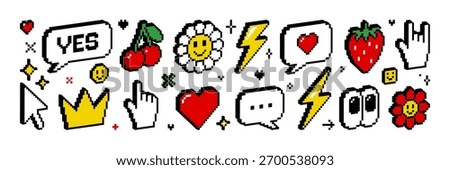 Pixel 3d isometric icon and sticker set. 8 bit retro game style. Y2k trendy vector illustration of heart cursor hand flower speech bubble character sparkle star etc. Social media and chat elements.