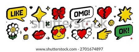 Pixel 3d isometric icon and sticker set. 8 bit retro game style. Y2k trendy vector illustration of heart cursor hand flower speech bubble character sparkle star etc. Social media and chat elements.