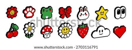 Pixel 3d isometric icon and sticker set. 8 bit retro game style. Y2k trendy vector illustration of heart flower cloud character star etc in red yellow green colors. Social media and chat elements.