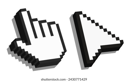 Pixel 3d mouse cursor. Hand and arrow cursor. Computer Mouse click cursor. Vector clipart.