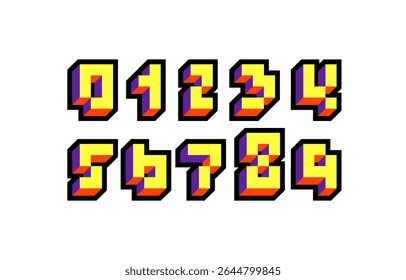 Pixel 3d numbers, digital numeral set made in video game style, vector illustration 10EPS