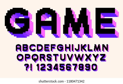 Pixel 3d retro font Video computer game design 8 bit letters and numbers Vector alphabet