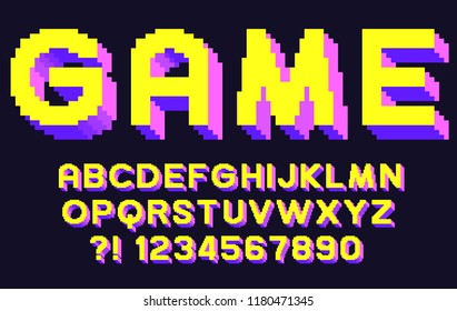 Pixel 3d Retro Font Video Computer Game Design 8 Bit Letters And Numbers Vector Alphabet