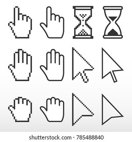 Pixel 3d and smooth cursors icons mouse. Hand, arrow, hourglass.