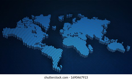 Pixel 3d vector world map on dark blue background