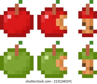 Pixel 8 bit apple pack - whole, bite taken out and apple core - vector, isolated