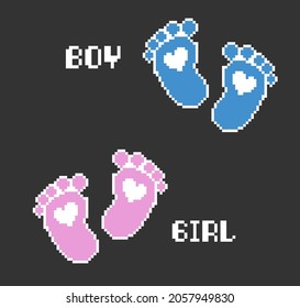 Pixel 8 bit baby footsteps. Traces of a baby born in vector illustration.