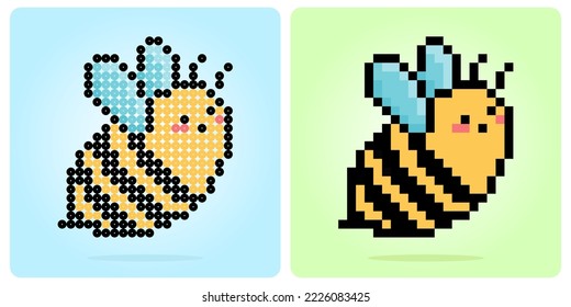 Pixel 8 bit bee. Animal pixels game assets in vector illustrations of 8 bit game assets. Cross stitch pattern or beads pattern vector