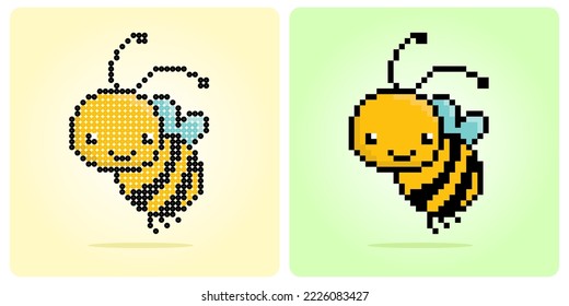 Pixel 8 bit bee. Animal pixels game assets in vector illustrations of 8 bit game assets. Cross stitch pattern or beads pattern vector