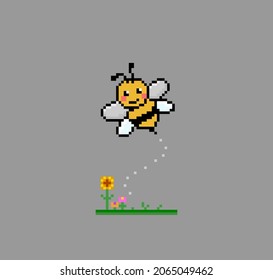 Pixel 8 bit bee with flower. Animal game assets in vector illustration.