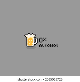 Pixel 8 bit beer logo with zero percent alcohol text. game asset item drink in vector illustration.