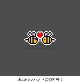 Pixel 8 bit bees are in love. Animal game assets in vector illustration.