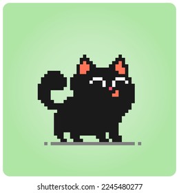 Pixel 8 bit black cat. Animals for game assets in vector illustration.