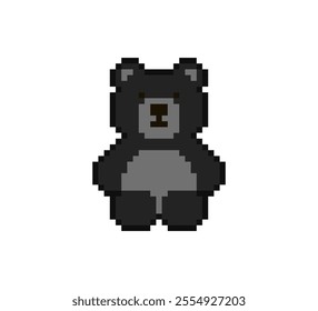 Pixel 8 bit black teddy bear sitting. Animal game assets in vector illustration.