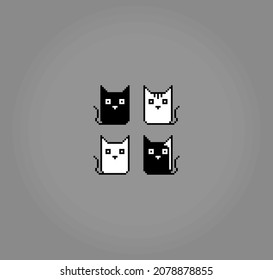 Pixel 8 bit black and white cat. Animals for game assets in vector illustration.