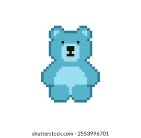 Pixel 8 bit blue teddy bear sitting. Animal game assets in vector illustration.