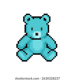 Pixel 8 bit blue teddy bear sitting. Animal game assets in vector illustration.