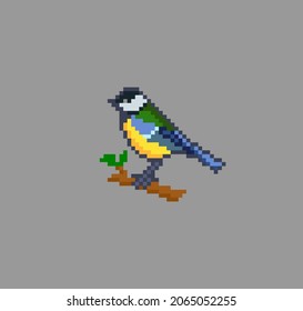 Pixel 8 bit blue tit bird. Animal game assets in vector illustration.