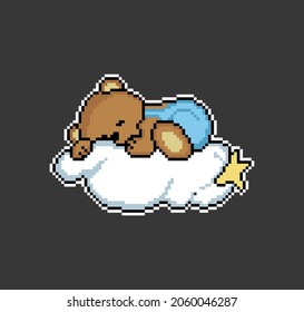 Pixel 8 bit brown bear sleeping above the clouds. Animal game assets in vector illustration.