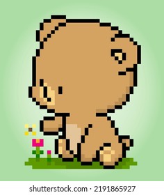 Pixel 8 bit brown bear sitting. Animal game assets in vector illustration.