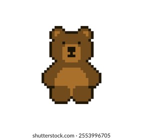 Pixel 8 bit brown teddy bear sitting. Animal game assets in vector illustration.