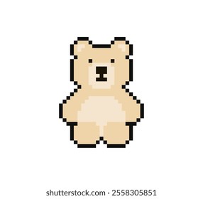 Pixel 8 bit brown teddy bear sitting. Animal game assets in vector illustration.