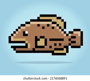 Pixel 8 bit brown trout fish. Animals for game assets in vector illustration.