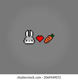 The Pixel 8 bit bunny loves carrots. Animal game assets in vector illustration.