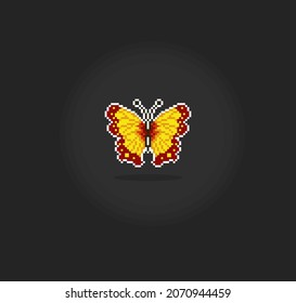 Pixel 8 bit butterfly. Animal for game assets in vector illustration.